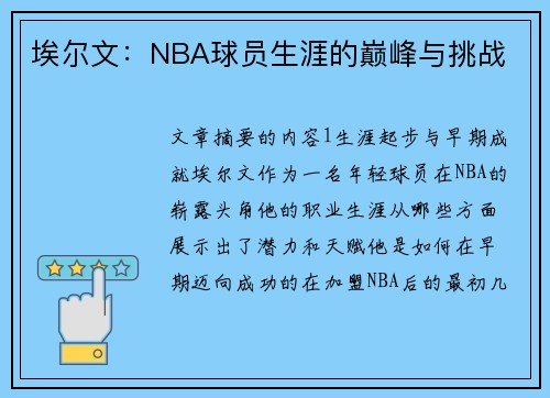 埃尔文：NBA球员生涯的巅峰与挑战